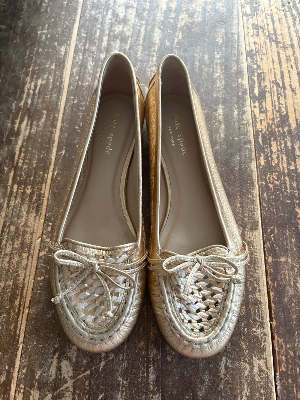 kate spade Metallic Gold Woven Leather Moccasins